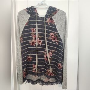 Rewind Gray Floral Striped Hoodie